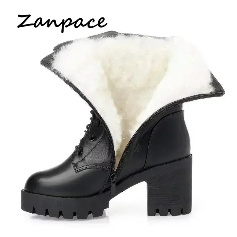 2024 Winter Leder Frauen Winter Stiefel Dicke Wolle Warme Frauen hochhackigen Echtem Boot Hochwertige Weibliche Schnee Stiefel frauen Schuhe