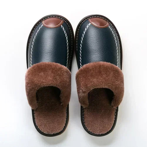 Männer Winter Leder Hausschuhe Schlafzimmer Baumwolle Hausschuhe Männlichen Wasserdicht Dicken Plus Samt Indoor Warme Haus Hause Hausschuhe Schuhe