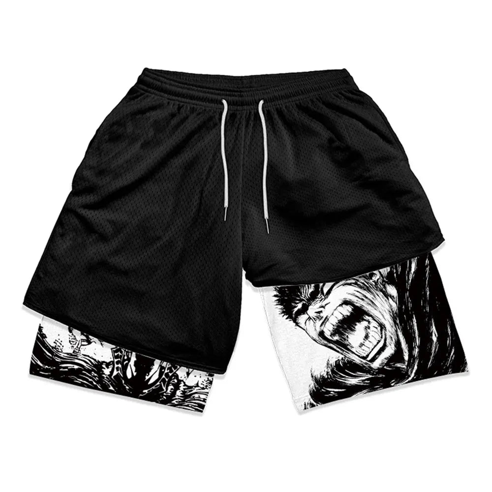 Men's 2 in 1 Running Shorts Male Workout Anime Shorts Training Yoga Gym Sportswear Pants Sport Short Pants with Pockets