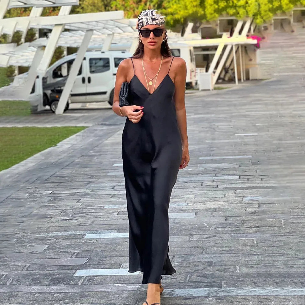 2024 frauen Neue Chic Mode Temperament Satin Dünne Schulter Gurt Unterwäsche Schlank Lange Kleid Retro Backless frauen Kleid Mujer