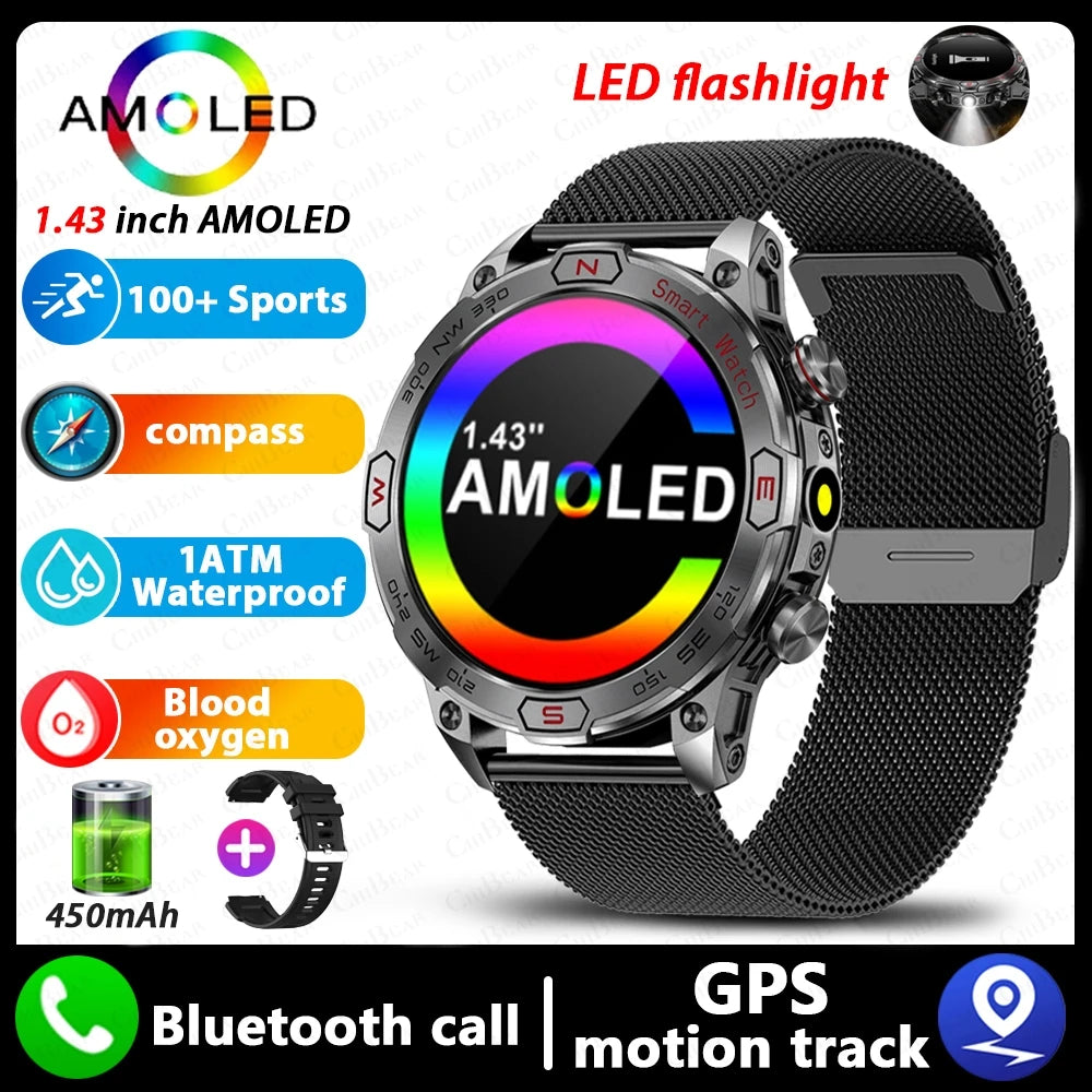 Military Outdoor Smart Watch Men 1ATM Waterproof Compass GPS Sports Track Fitness Watch 450 mAh with LED Flashlight SmartWatches