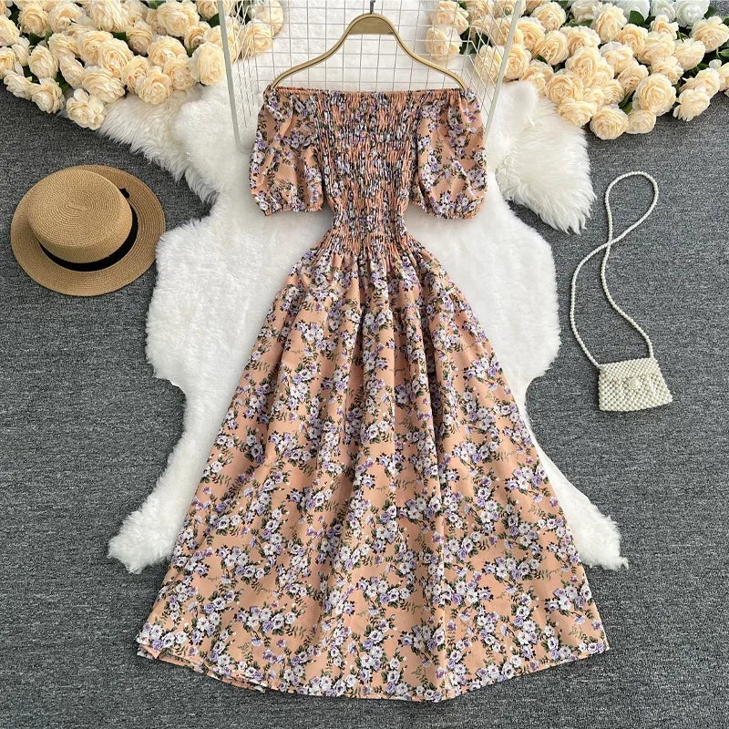 YuooMuoo Damenkleid, Sommer, schulterfrei, Puffärmel, Blumendruck, A-Linie, langes Kleid, Damen, Urlaubsmode, Strand, Vestidos