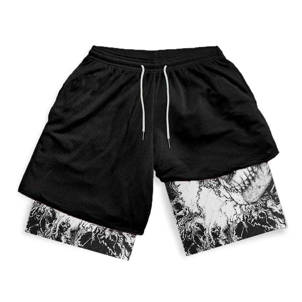 Men's 2 in 1 Running Shorts Male Workout Anime Shorts Training Yoga Gym Sportswear Pants Sport Short Pants with Pockets