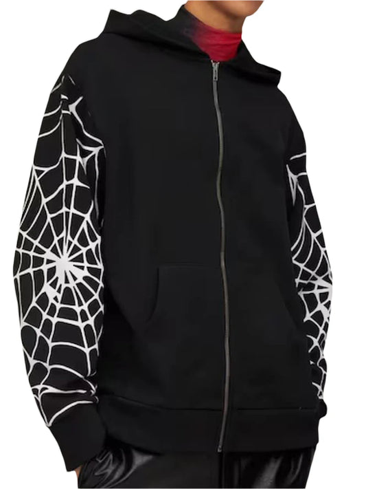 Men Women Zip Up Hoodies Fashion Spider Web Print Long Sleeve Oversized Sweatshirts Streetwear Tops