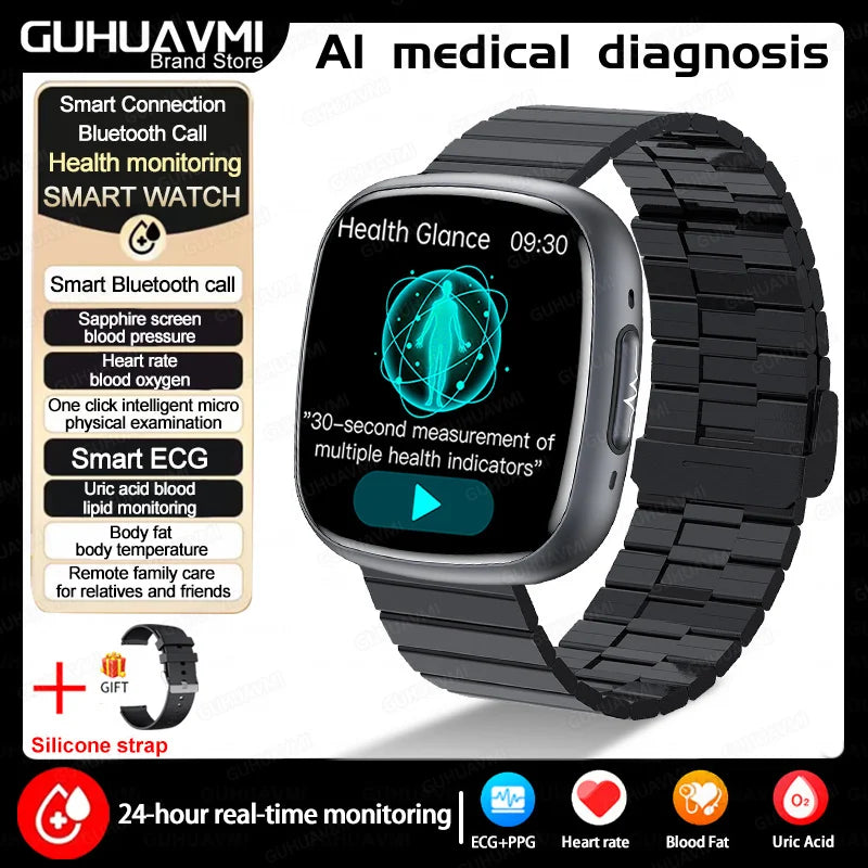 2025 New Accurate Measure Blood oxygen Lipids Uric Acid Smart Watch Men ECG Blood Pressure Health SmartWatches For Android ios