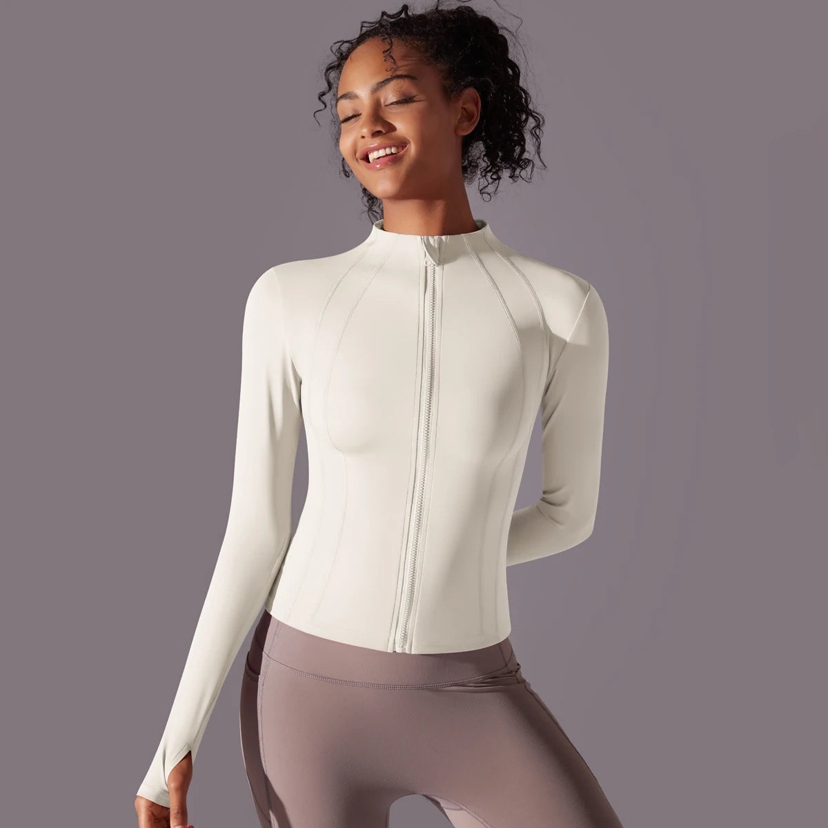 Gym Women's Full Zip Yoga Top With Thumbholes Fitness Running Jacket Stretch Fit Long Sleeve Round Neck Top Sportswear Workout
