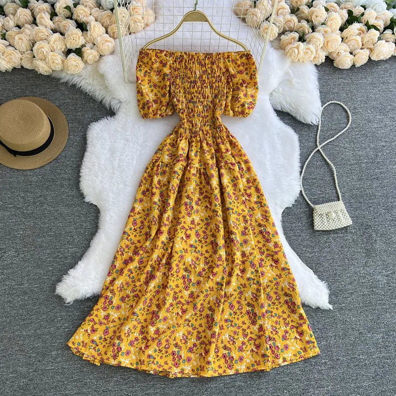 YuooMuoo Damenkleid, Sommer, schulterfrei, Puffärmel, Blumendruck, A-Linie, langes Kleid, Damen, Urlaubsmode, Strand, Vestidos