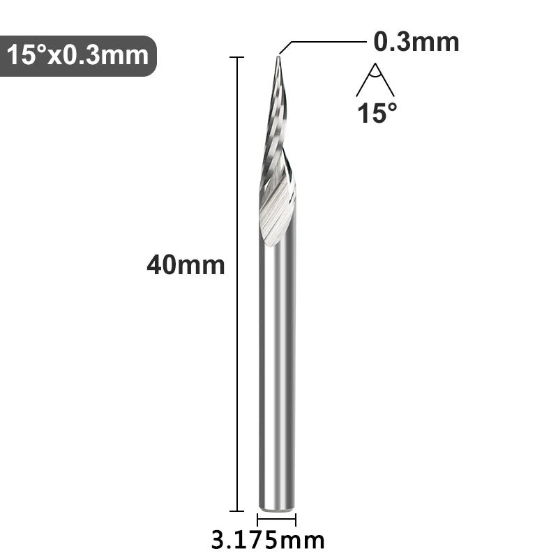 XCAN PCB-Gravurbit, 3,175 mm Schaft, V-förmige Schnitzbits, 10–30 Grad, Hartmetall-CNC-Fräser, mit 0,1 mm Spitze, Holzfräser