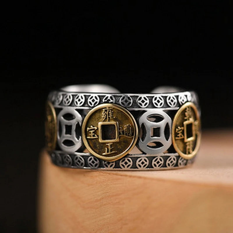 Chinesischer Feng Shui Pixiu-Ring, versilberte Kupfermünzen, verstellbare Ringe für Frauen und Männer, Amulett, Reichtum, Glücksschmuck, Geburtstagsgeschenk