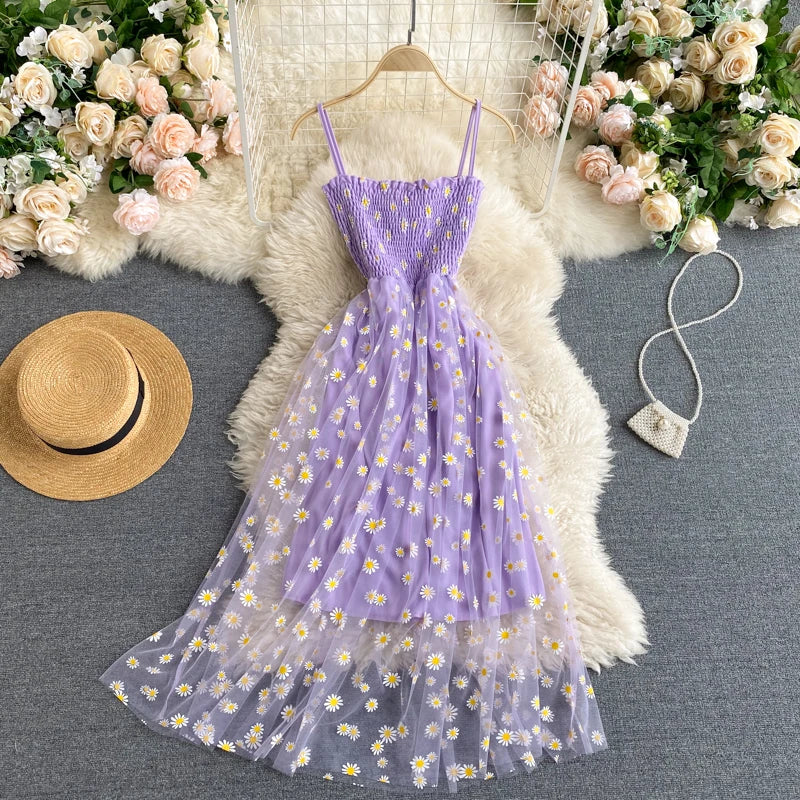 YuooMuoo Romantisches Blumendruck-Träger-langes Kleid Frauen Grundlegendes elastisches Mesh-Strandkleid mit hoher Taille Urlaub Sommerkleid Vestidos