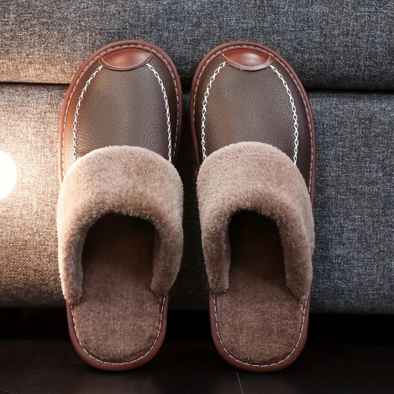 Männer Winter Leder Hausschuhe Schlafzimmer Baumwolle Hausschuhe Männlichen Wasserdicht Dicken Plus Samt Indoor Warme Haus Hause Hausschuhe Schuhe
