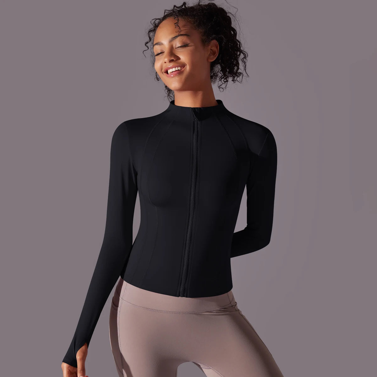 Gym Women's Full Zip Yoga Top With Thumbholes Fitness Running Jacket Stretch Fit Long Sleeve Round Neck Top Sportswear Workout