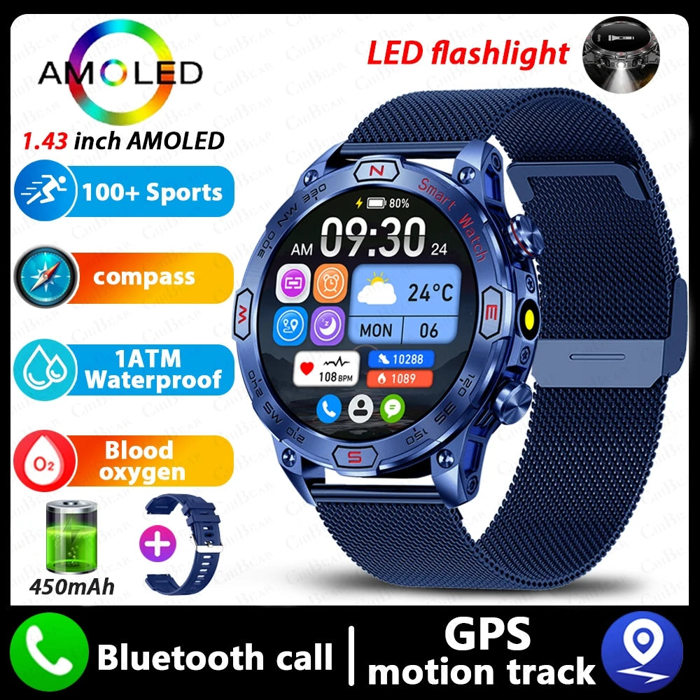 Military Outdoor Smart Watch Men 1ATM Waterproof Compass GPS Sports Track Fitness Watch 450 mAh with LED Flashlight SmartWatches