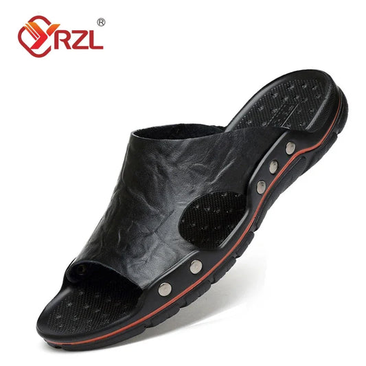YRZL Sandalen Herren Leder Klassische Sommer Herren Hausschuhe Weiche Schwarze Hausschuhe PU Leder Hausschuhe Leichte EVA Slides für Herren