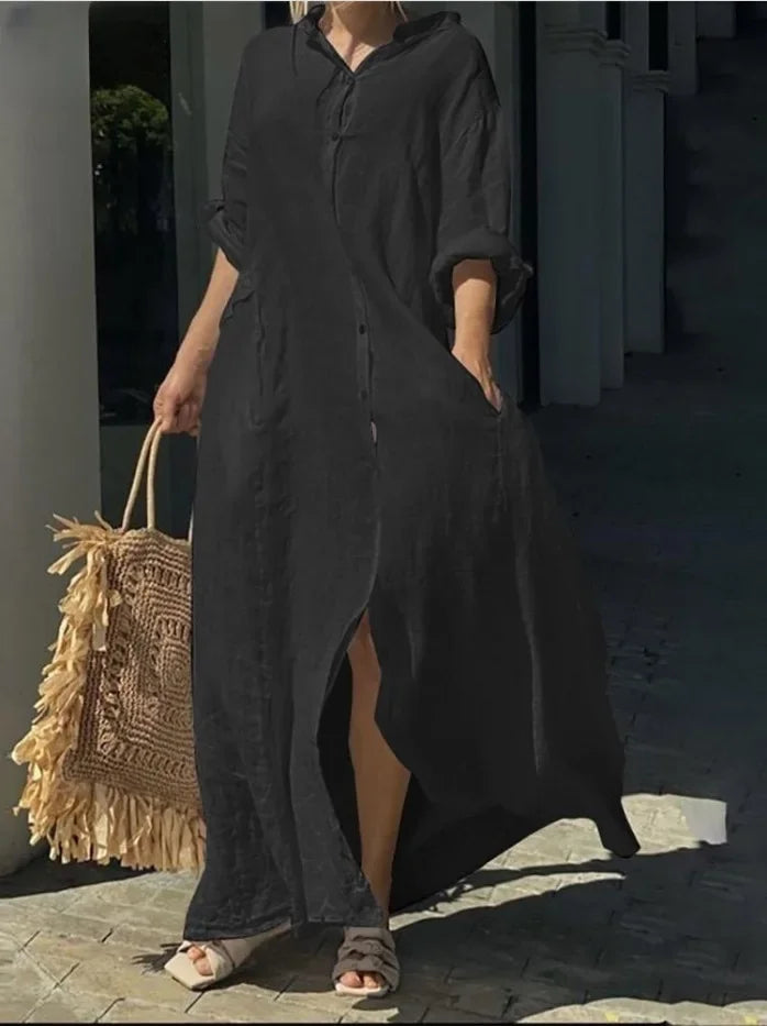 2025 frauen Casual Baumwolle Leinen Lange Kleid Solide Langarm Oversize-Shirt Kleider Weibliche Mode Lose Damen Kleidung Kleid
