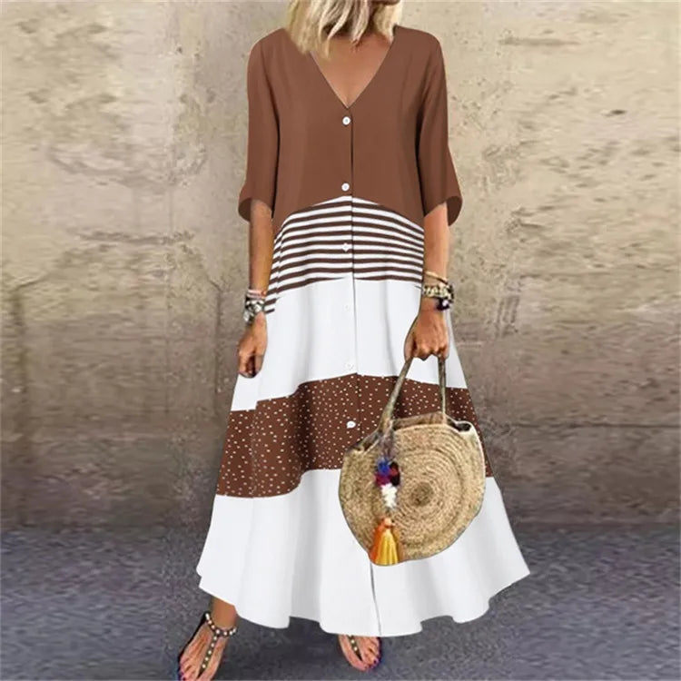 Damen Frühling Sommer Neue Stil Sexy V-Ausschnitt Mode Gedruckt Langes Ein-Schulter-Kleid Beiläufige Lose Fünf Ärmel Langes Kleid