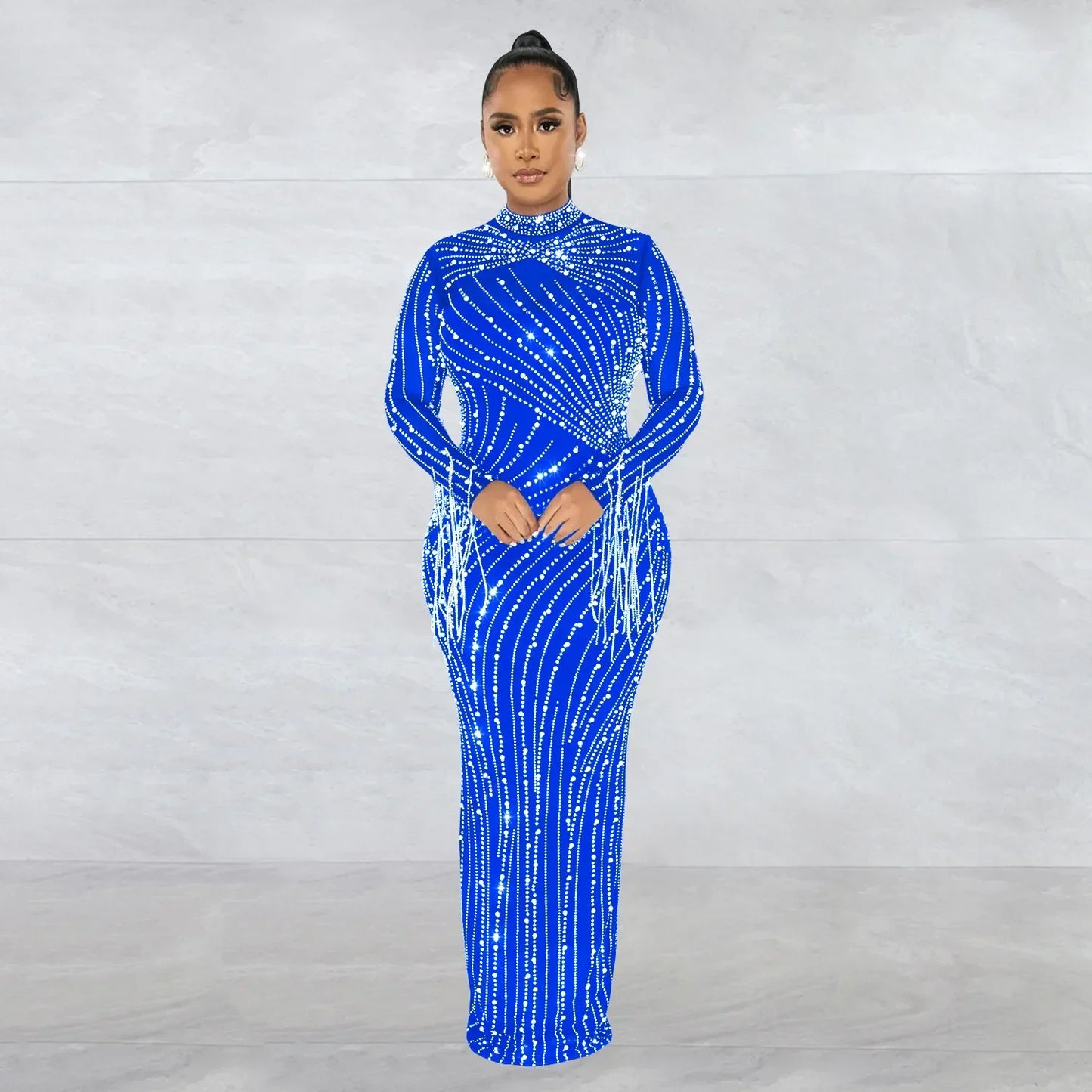 CM.YAYA Women Mesh Tassel Long Sleeve Diamonds Hot Rhinestones Bodycon Midi Maxi Long Dress and Tank Inner Dresses 2piece Suit