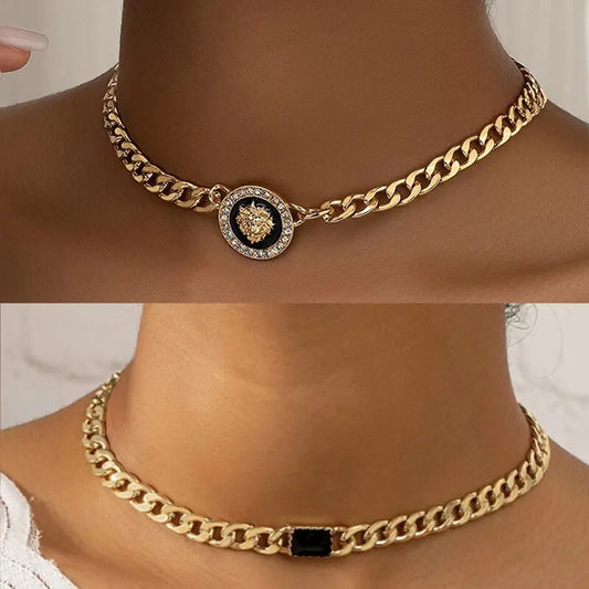 2 Stück Löwenkopf Emaille Choker Set für Frauen Gold Farbe Kubanische Kette Kristall Stein Surround Runde Quadrat Charm Halskette