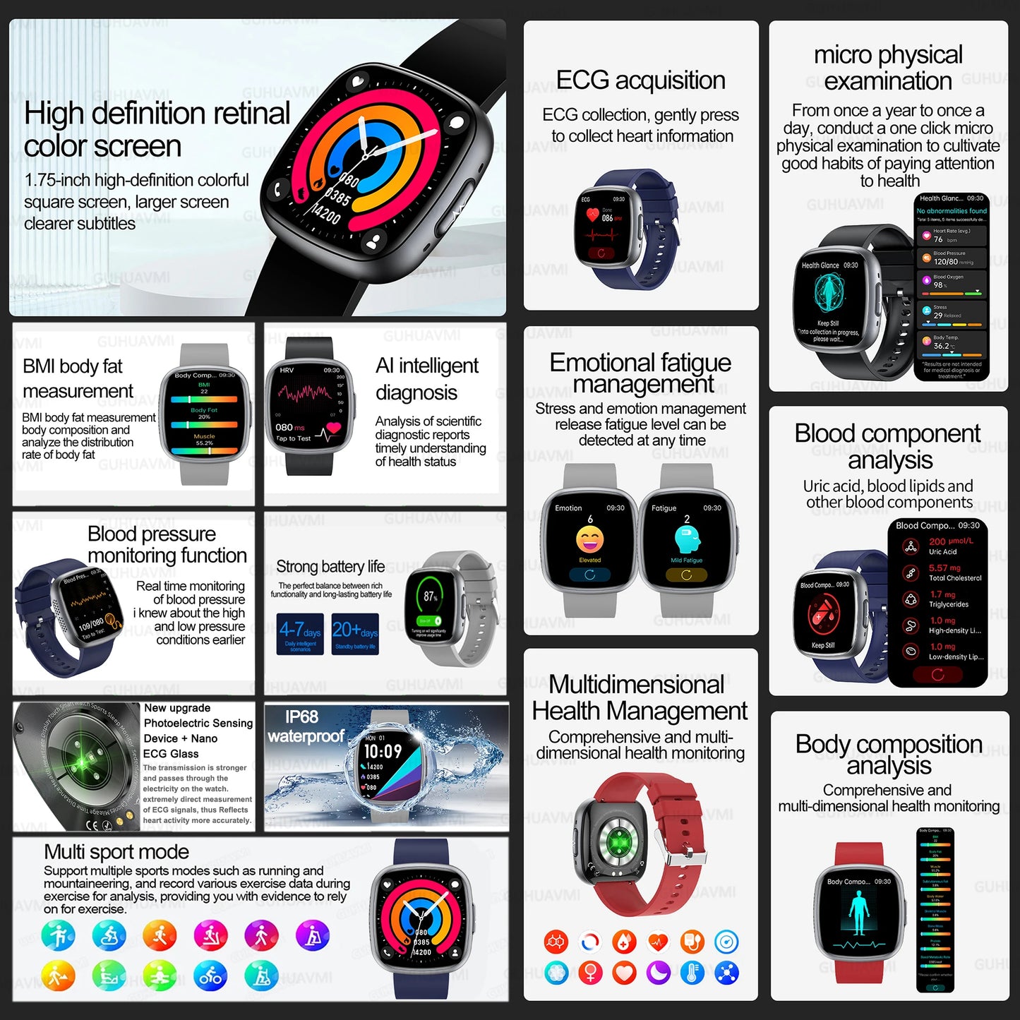 2025 New Accurate Measure Blood oxygen Lipids Uric Acid Smart Watch Men ECG Blood Pressure Health SmartWatches For Android ios