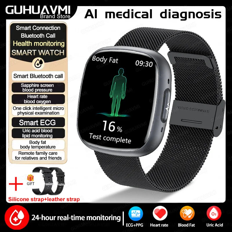 2025 New Accurate Measure Blood oxygen Lipids Uric Acid Smart Watch Men ECG Blood Pressure Health SmartWatches For Android ios