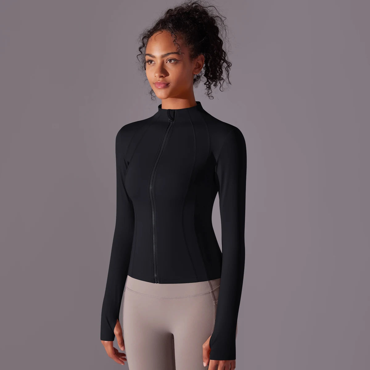 Gym Women's Full Zip Yoga Top With Thumbholes Fitness Running Jacket Stretch Fit Long Sleeve Round Neck Top Sportswear Workout