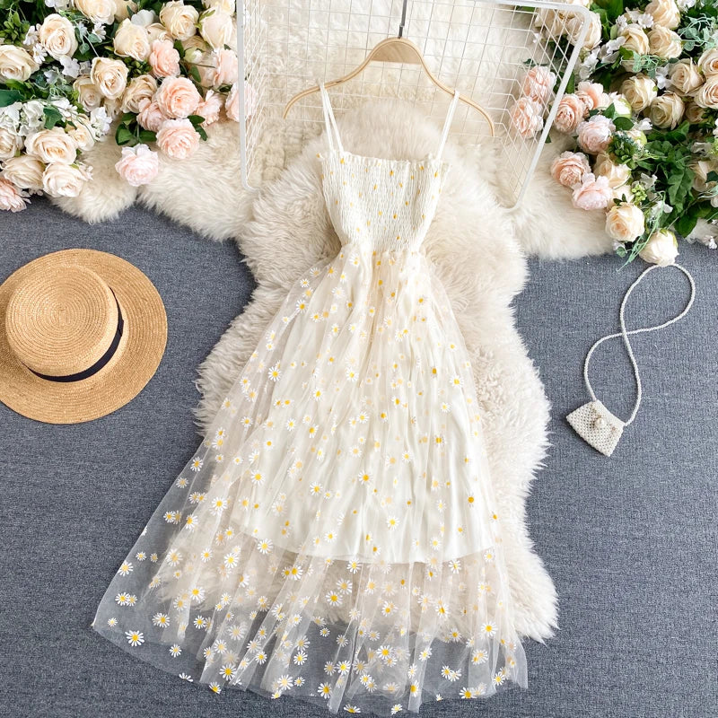 YuooMuoo Romantisches Blumendruck-Träger-langes Kleid Frauen Grundlegendes elastisches Mesh-Strandkleid mit hoher Taille Urlaub Sommerkleid Vestidos
