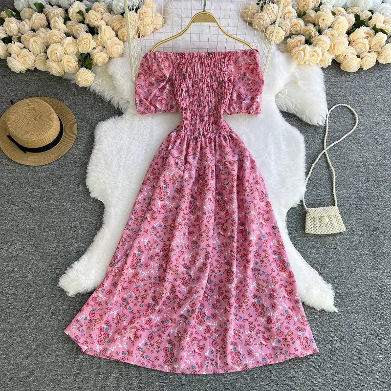 YuooMuoo Damenkleid, Sommer, schulterfrei, Puffärmel, Blumendruck, A-Linie, langes Kleid, Damen, Urlaubsmode, Strand, Vestidos