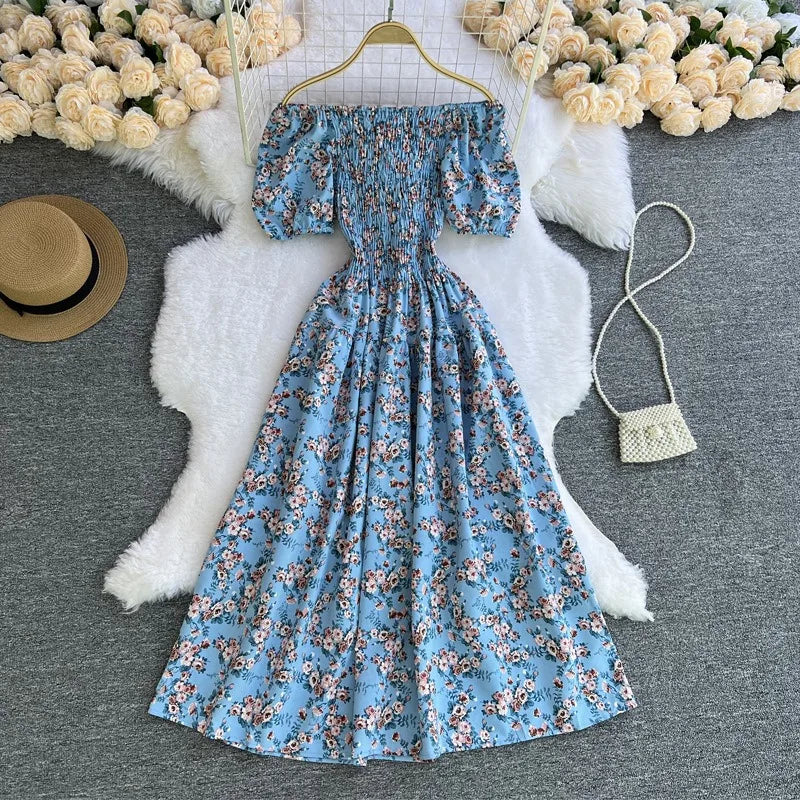 YuooMuoo Damenkleid, Sommer, schulterfrei, Puffärmel, Blumendruck, A-Linie, langes Kleid, Damen, Urlaubsmode, Strand, Vestidos