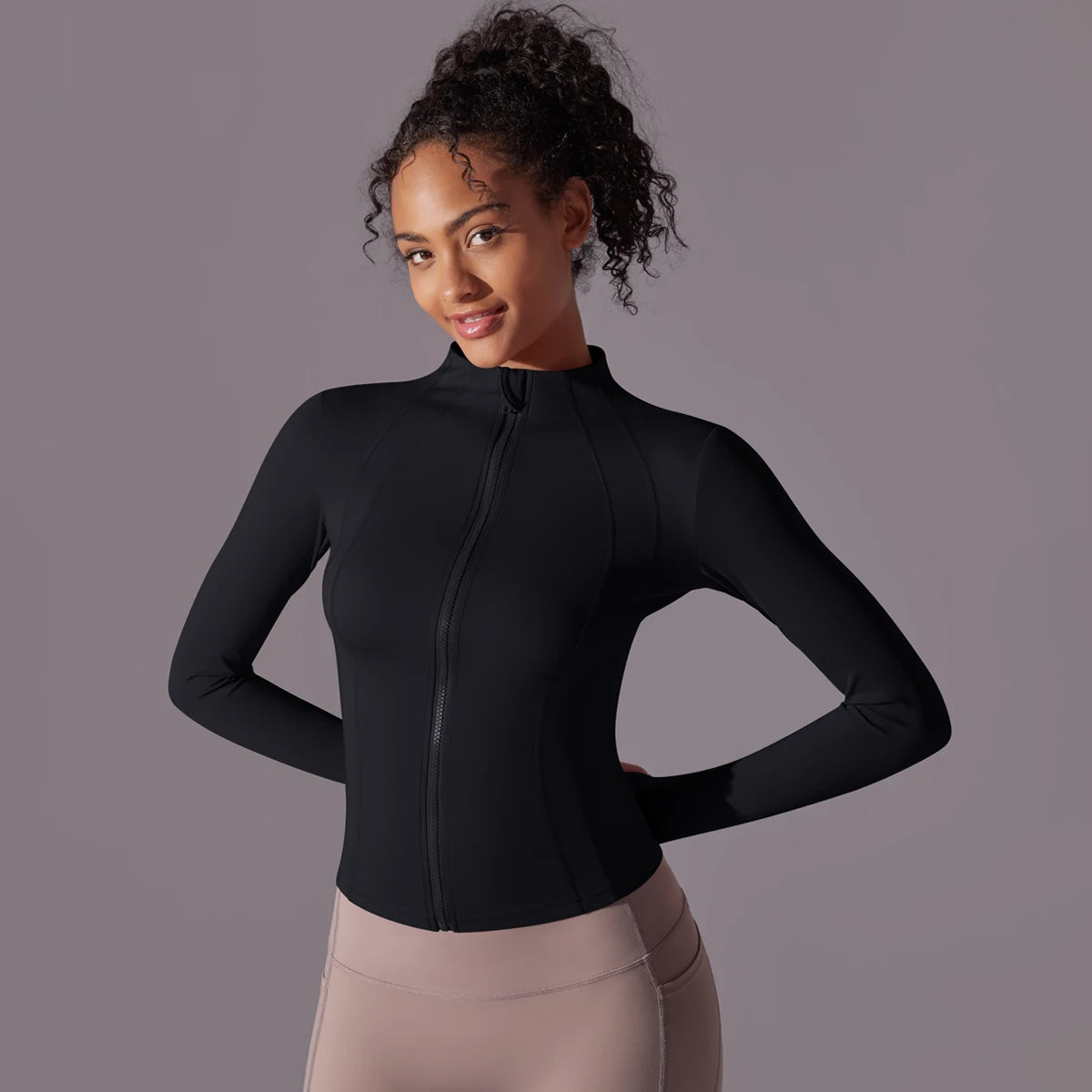 Gym Women's Full Zip Yoga Top With Thumbholes Fitness Running Jacket Stretch Fit Long Sleeve Round Neck Top Sportswear Workout