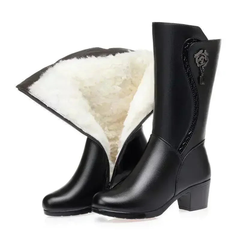 2024 Winter Leder Frauen Winter Stiefel Dicke Wolle Warme Frauen hochhackigen Echtem Boot Hochwertige Weibliche Schnee Stiefel frauen Schuhe