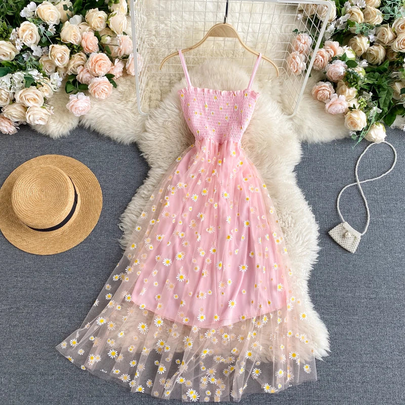 YuooMuoo Romantisches Blumendruck-Träger-langes Kleid Frauen Grundlegendes elastisches Mesh-Strandkleid mit hoher Taille Urlaub Sommerkleid Vestidos