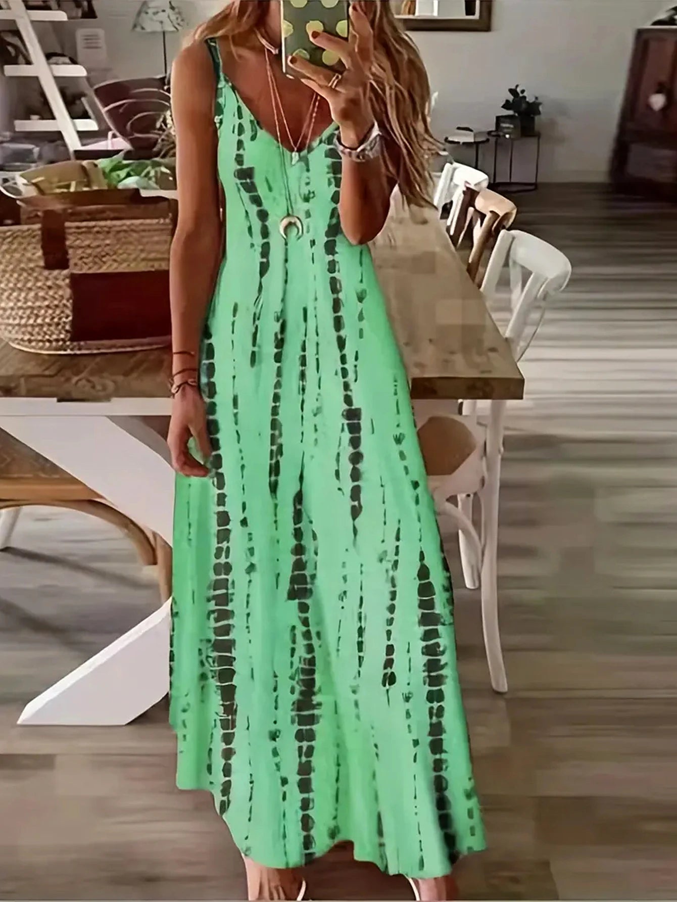 Damen Casual Loose V-Ausschnitt Tie Dye Printed Spaghetti Maxikleid Sommer Strandurlaub Langes Kleid