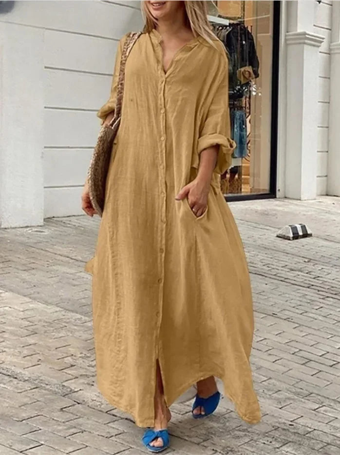 2025 frauen Casual Baumwolle Leinen Lange Kleid Solide Langarm Oversize-Shirt Kleider Weibliche Mode Lose Damen Kleidung Kleid