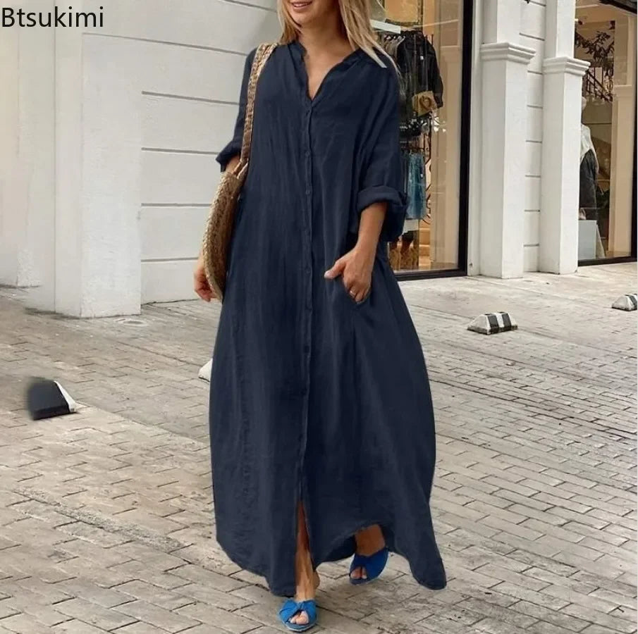 2025 frauen Casual Baumwolle Leinen Lange Kleid Solide Langarm Oversize-Shirt Kleider Weibliche Mode Lose Damen Kleidung Kleid