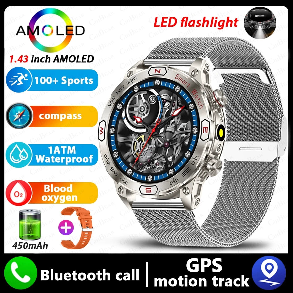 Military Outdoor Smart Watch Men 1ATM Waterproof Compass GPS Sports Track Fitness Watch 450 mAh with LED Flashlight SmartWatches