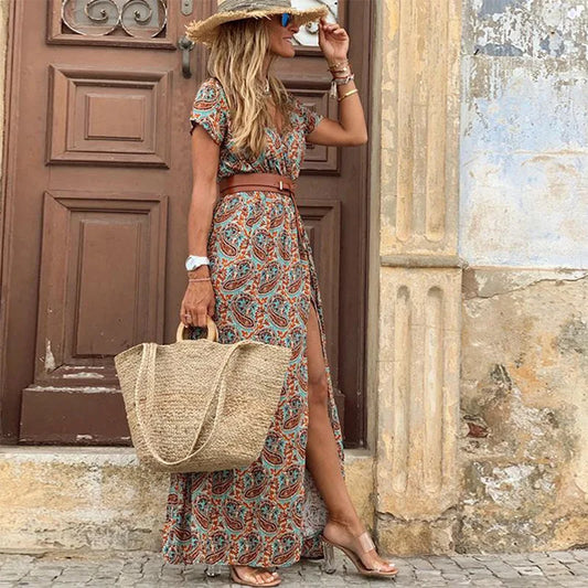 2024 Sommer Bohemian Damen Langes Kleid V-Ausschnitt Kurzarm Blumendruck Strand Elegantes Vintage Kleid mit Gürtel