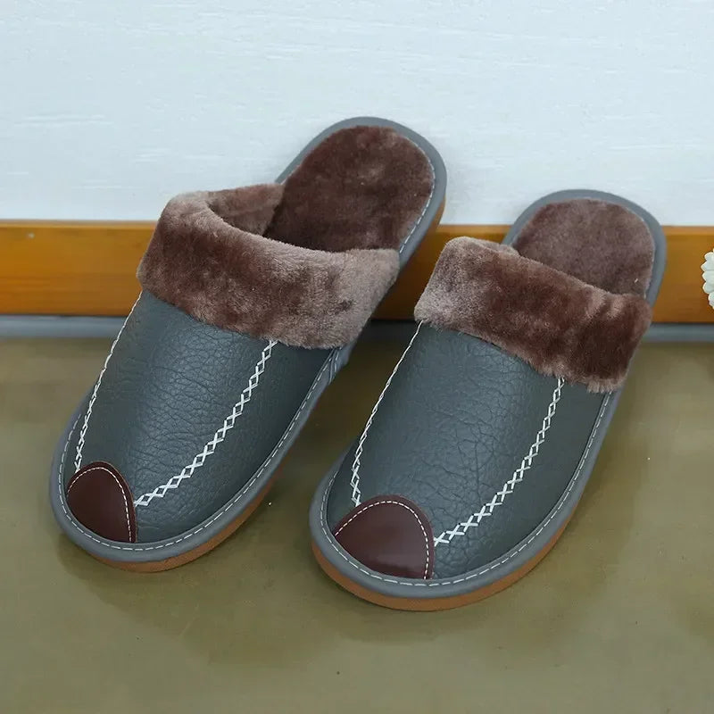 Männer Winter Leder Hausschuhe Schlafzimmer Baumwolle Hausschuhe Männlichen Wasserdicht Dicken Plus Samt Indoor Warme Haus Hause Hausschuhe Schuhe