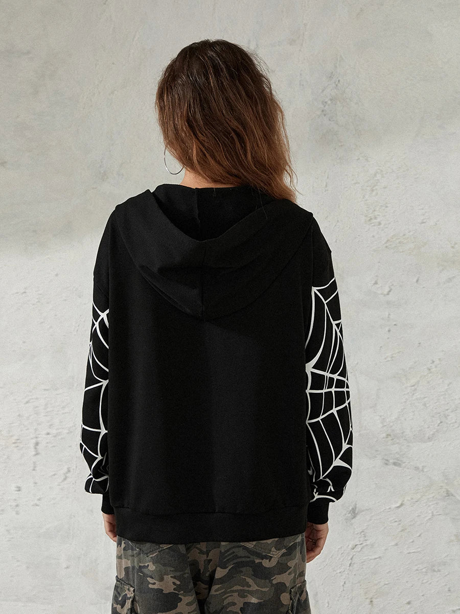 Men Women Zip Up Hoodies Fashion Spider Web Print Long Sleeve Oversized Sweatshirts Streetwear Tops