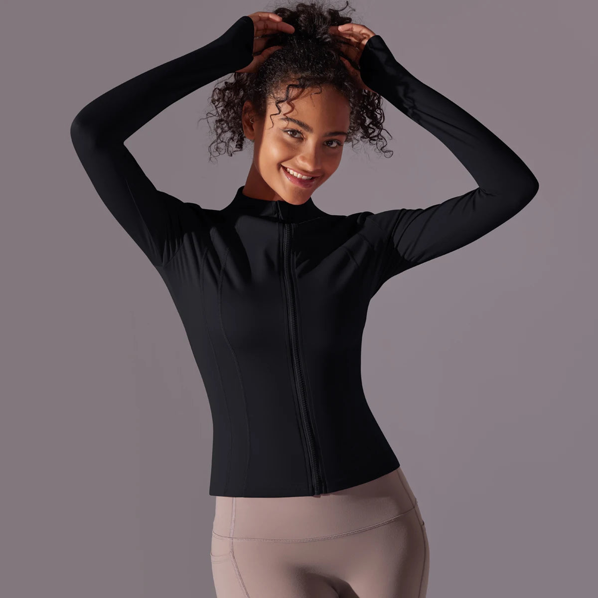 Gym Women's Full Zip Yoga Top With Thumbholes Fitness Running Jacket Stretch Fit Long Sleeve Round Neck Top Sportswear Workout