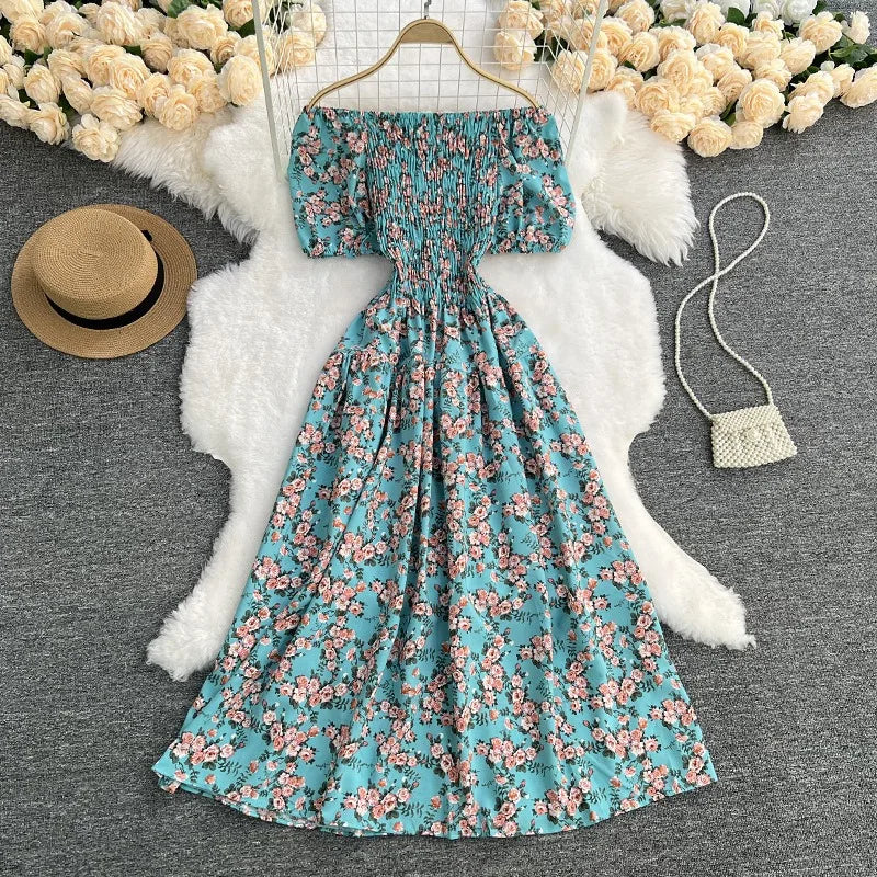 YuooMuoo Damenkleid, Sommer, schulterfrei, Puffärmel, Blumendruck, A-Linie, langes Kleid, Damen, Urlaubsmode, Strand, Vestidos
