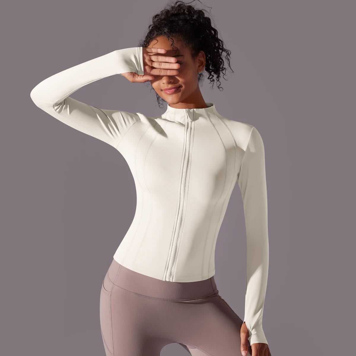 Gym Women's Full Zip Yoga Top With Thumbholes Fitness Running Jacket Stretch Fit Long Sleeve Round Neck Top Sportswear Workout