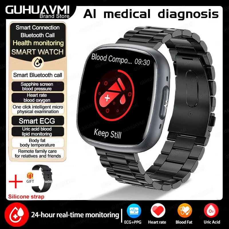 2025 New Accurate Measure Blood oxygen Lipids Uric Acid Smart Watch Men ECG Blood Pressure Health SmartWatches For Android ios