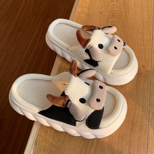 Kawaii Cartoon Kuh Hausschuhe für Damen, Lässige Slipper mit Plateau, Bequeme Hausschuhe