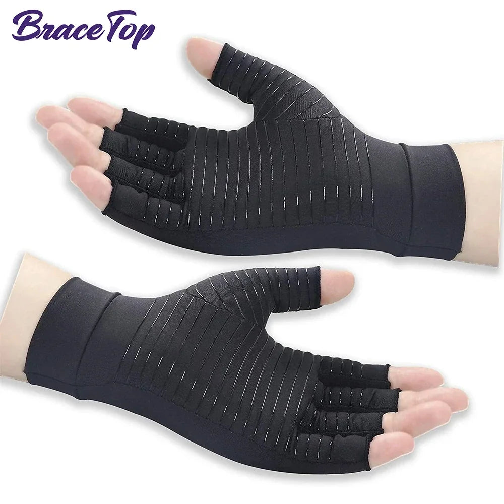 1Pair Copper Arthritis Compression Gloves,Relieve Hand Pain Swelling and Carpal Tunnel Fingerless for Typing, Support for Joints