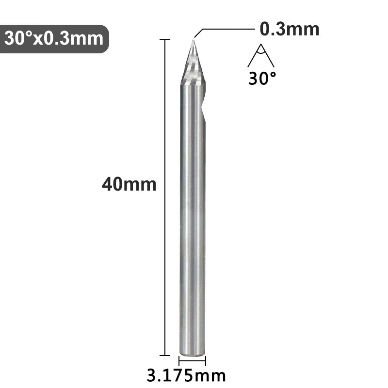 XCAN PCB-Gravurbit, 3,175 mm Schaft, V-förmige Schnitzbits, 10–30 Grad, Hartmetall-CNC-Fräser, mit 0,1 mm Spitze, Holzfräser