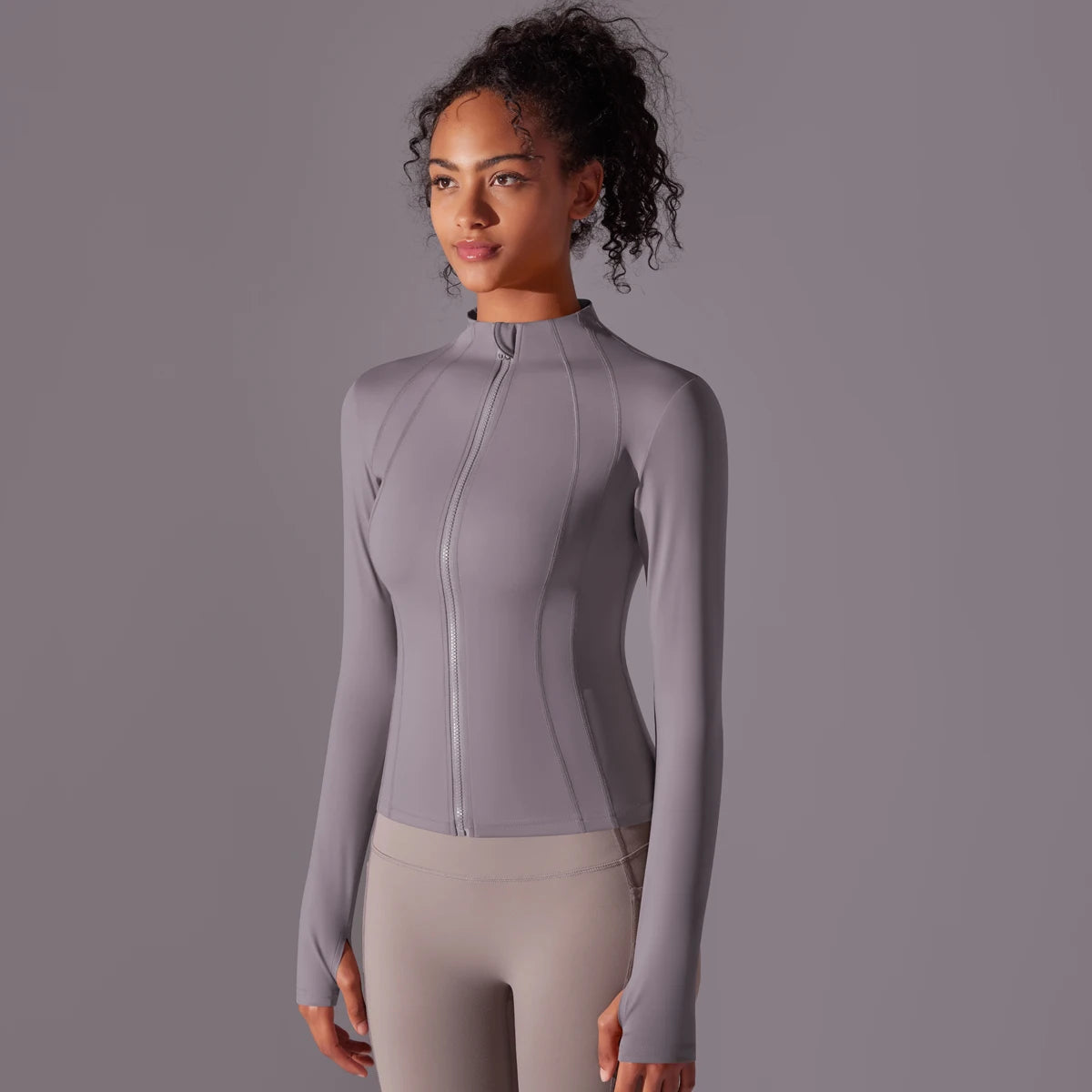 Gym Women's Full Zip Yoga Top With Thumbholes Fitness Running Jacket Stretch Fit Long Sleeve Round Neck Top Sportswear Workout