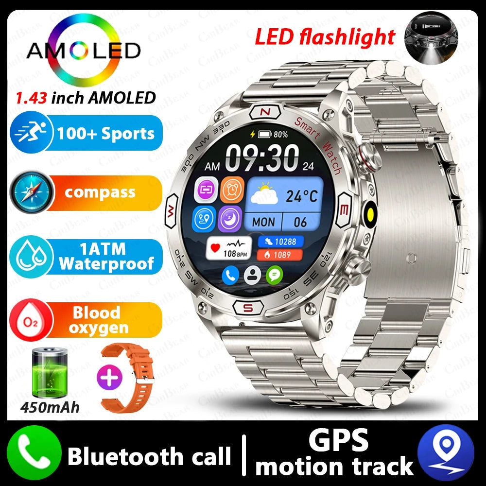 Military Outdoor Smart Watch Men 1ATM Waterproof Compass GPS Sports Track Fitness Watch 450 mAh with LED Flashlight SmartWatches
