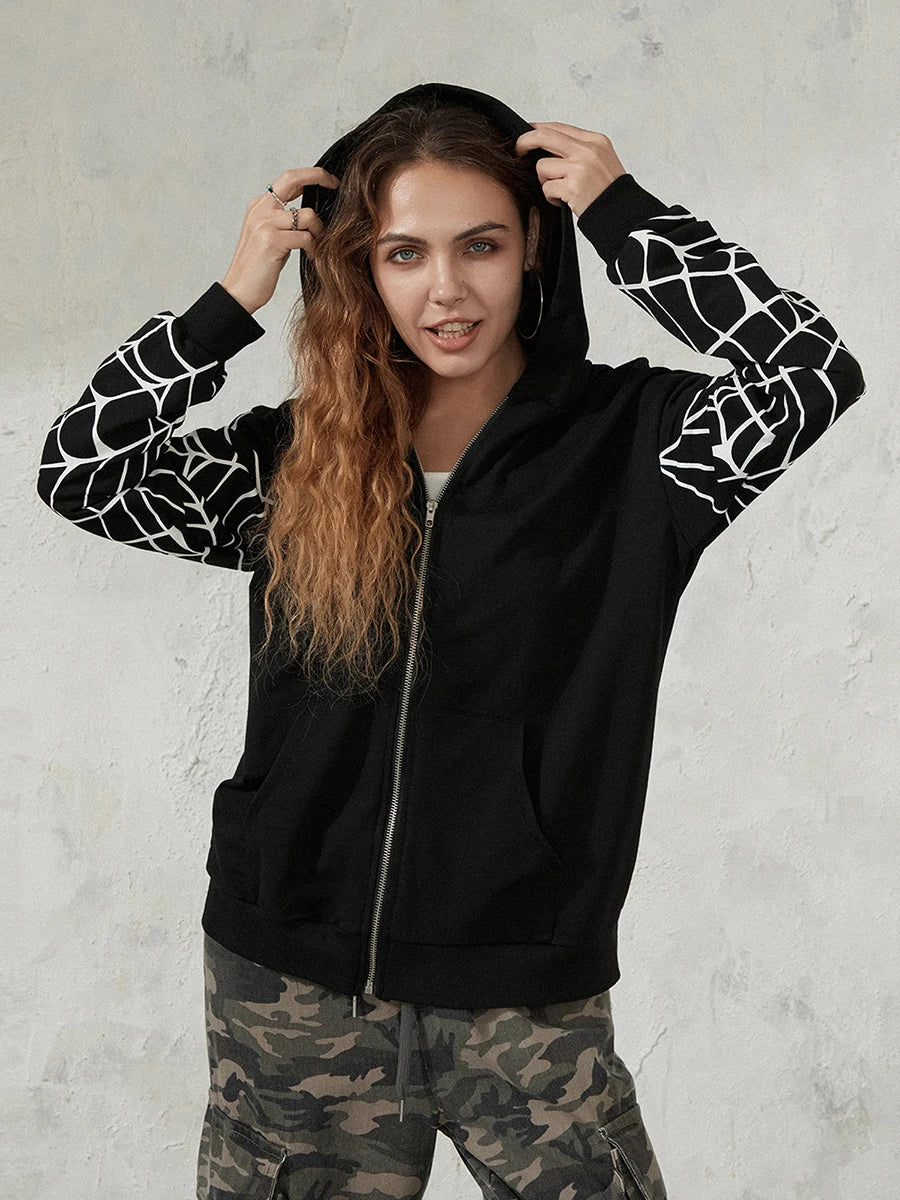 Men Women Zip Up Hoodies Fashion Spider Web Print Long Sleeve Oversized Sweatshirts Streetwear Tops