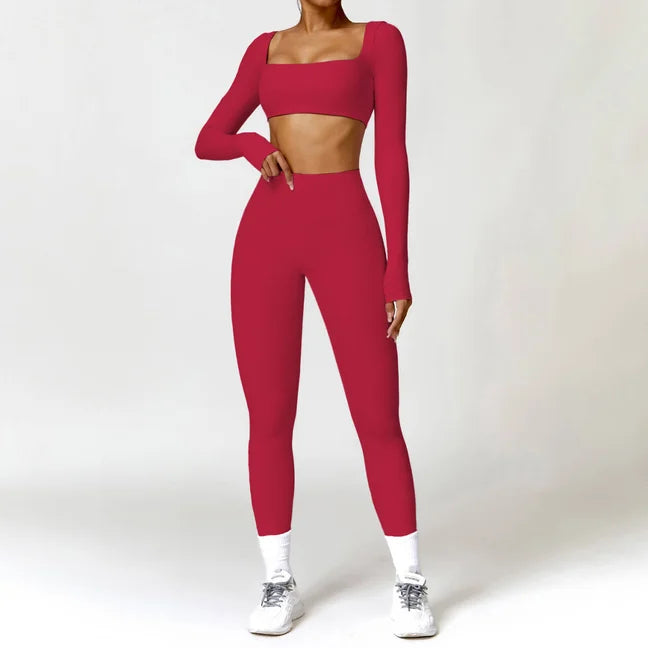 Hearuisavy 2PCS Long Sleeve Gym Set Women Yoga Clothes Quick-Drying Sportswear Running Leggings Workout Sports Crop Top Women