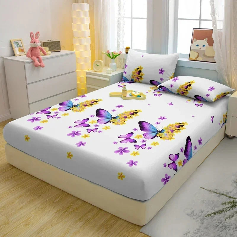 1 Simple Modern Butterfly Printed Matte Fitted Sheet, Bedroom Printed Bed Cover, Bedding (Excluding Pillowcases)